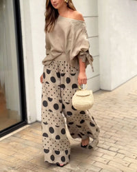 Sun Escape Casual Shoulder Top & Printed Pants Two-Piece Set Outfit