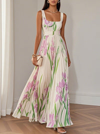 White Pleated Floral Chiffon Square Neck Maxi Dress