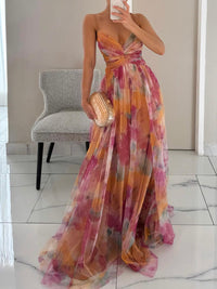 Painted Floral Print V-Neck Maxi Dress