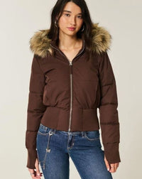 Leon | Brown Quilted Puffer Jacket with Faux Fur Hood