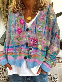 Marie | Multicolor Retro Knit Cardigan with V-Neck
