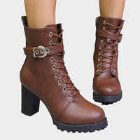 Katrina | Lace-Up Ankle Boots with Block Heel and Buckle