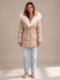 Elise | Beige Quilted Puffer Jacket with Plush Fur Collar