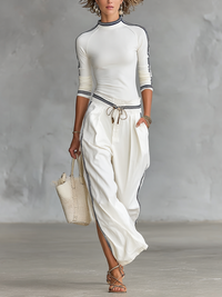 Long-sleeved sporty T-shirt with wide-leg trousers set
