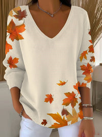 Olivia | V-Neck Sweater with Autumn Leaf Detail