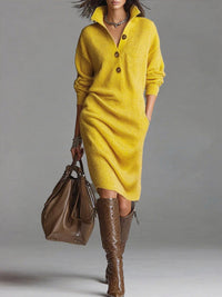 Summer Escape Solid color stand collar long sleeve loose knit dress Piece
