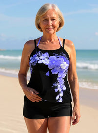 Avery | Floral Print Halter Tankini Set with Cross Strap Miami