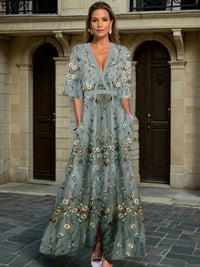 Iconic Hazel - Elegant V-Neck Belted Boho Dress Statement Piece