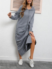 Amelie | Grey Hooded Knit Midi Dress with Drawstring Waist