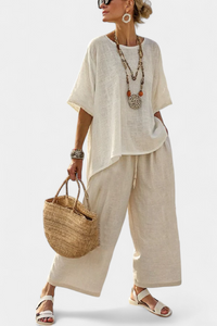 Rebecca | Comfortable Minimalist Raw Blouse & Wide-Leg Pants