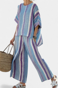 Julietta | Elegant Mauve Pastel Top & Striped Linen Pants