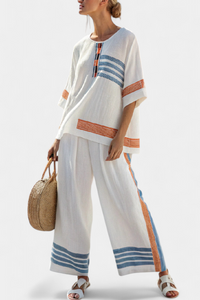 Emilia | Sophisticated Blue-Orange Striped Top & Pants
