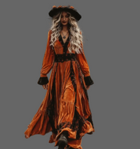 Holiday Mood™ | Burnt Orange Vintage Lace Waist Tie Velvet Maxi Dress