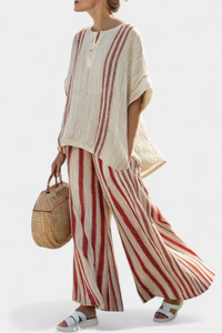 Kendall | Sophisticated Textured Red-Stripe Top & Linen Pants