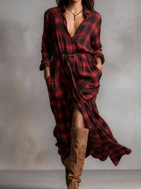 Vacation Ready Red Plaid Lapel Button-Down Shirt Maxi Dress Dress