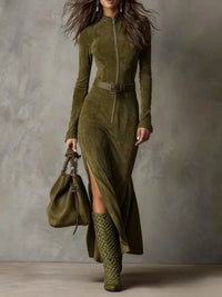 Beach Glam Vintage Green Zipper Belted Maxi Dress（Includes belt） Style