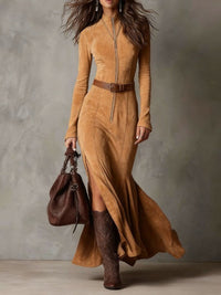 Vacation Ready Vintage Camel Zipper Belted Maxi Dress（Includes belt） Dress