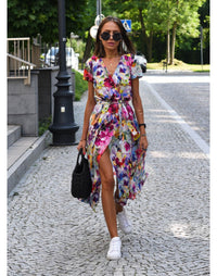 Sunset Coast Tzahalit™ | Stylish V-Neck Floral Dress Tropical Outfit