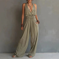 Bohemian Halter Smocked Waist Linen-Cotton Wide-Leg Jumpsuit