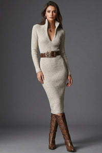 Rihanna | Ribbed Knit V-Neck Midi Sweater Dress